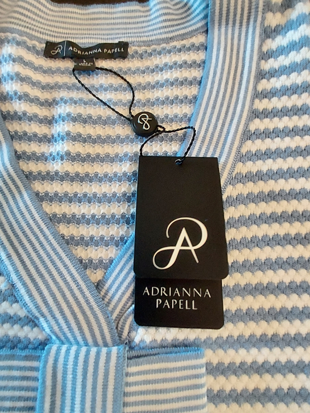 Adrianna Papell Blue & White Striped Short-Sleeve Sweater with Bow Accents - Picture 8 of 12